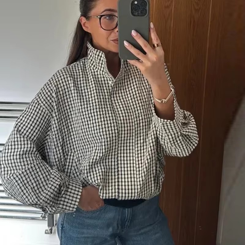 Women'S Fashion Bomber Jacket - Женская демисезонная куртка-бомбер в клетку с