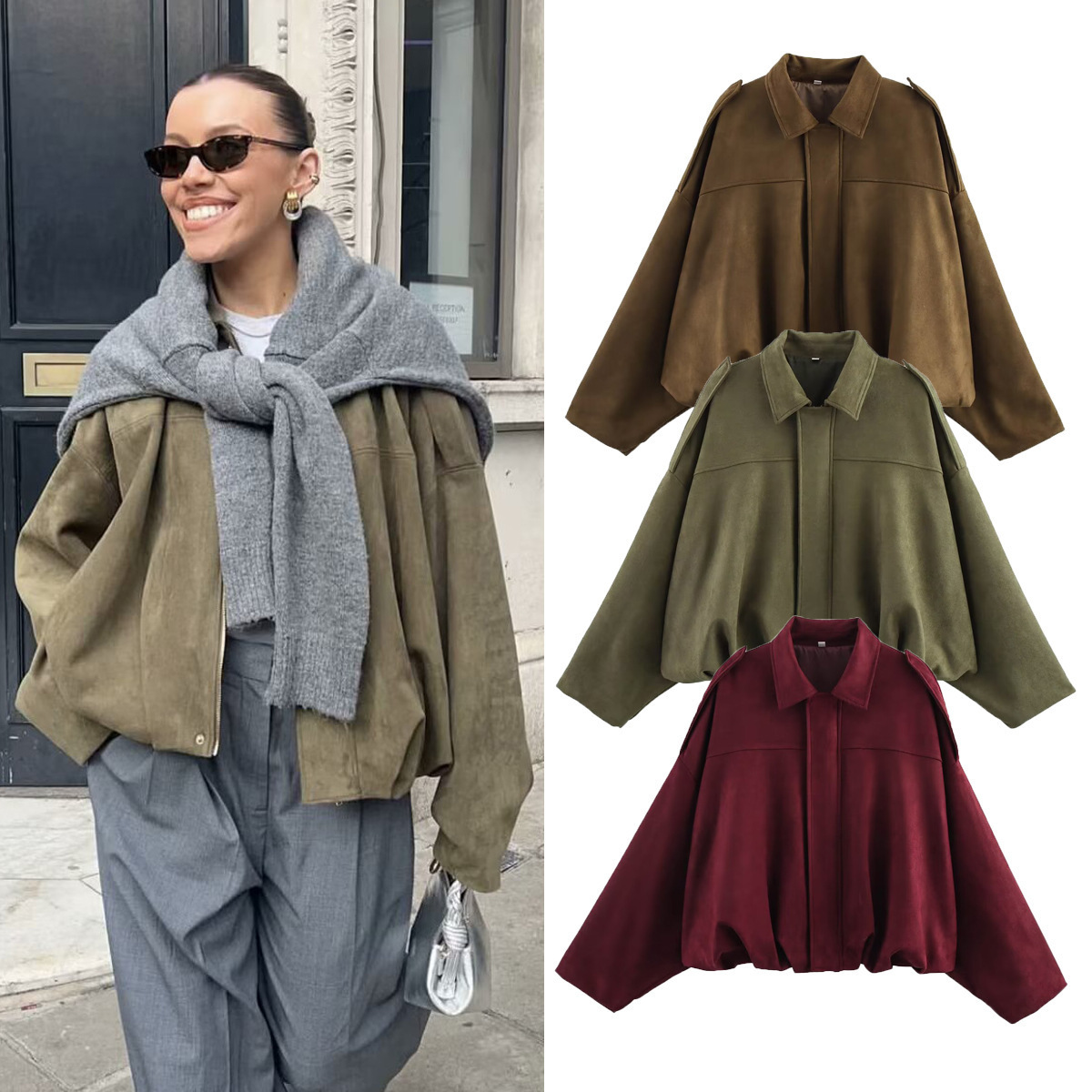 Women'S Fashion Bomber Jacket - Женские куртки-бомберы из замши с отложным
