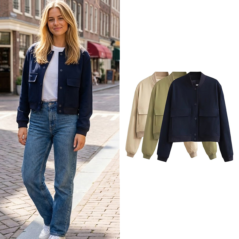 Women'S Fashion Bomber Jacket - Женская однотонная куртка-бомбер с карманами и